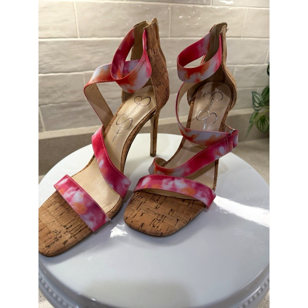 Jessica Simpson Tie Dye Strappy Cork Platform Ankle Strap Stiletto Heels 8B